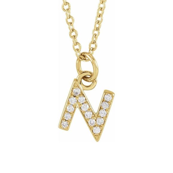 14K Yellow Gold .05 CTW Diamond Tiny Initial N Necklace 16-18 Inch